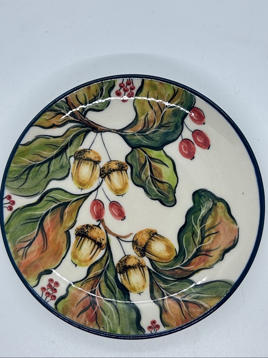 Other - Hand-Painted Acorn & Leaf Cerámica Plate in Green, Yellow & Red